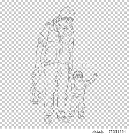 手をつないで歩く親子の線画 手をつないで歩く親子の線画 75351364