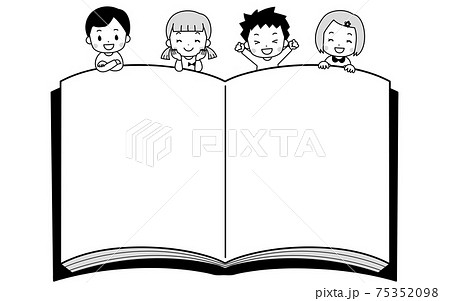 本のフレームと笑顔の子供達 白黒のイラスト素材