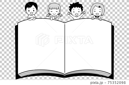 本のフレームと笑顔の子供達 白黒のイラスト素材