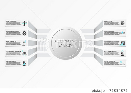 Infographic Alternative Energy template. Icons in different colors. Include Tidal Energy, Biomass Energy, Wind Energy, Geothermal Power and others. 75354375