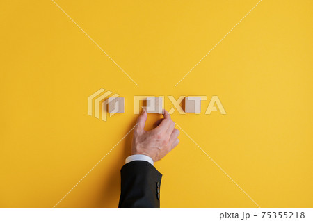 Hand of a businessman placing three wooden blocks in a row 75355218