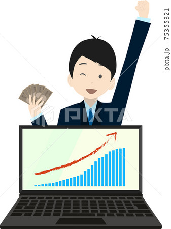 右肩上がりの棒グラフとお金を持つビジネスマンのイラスト素材