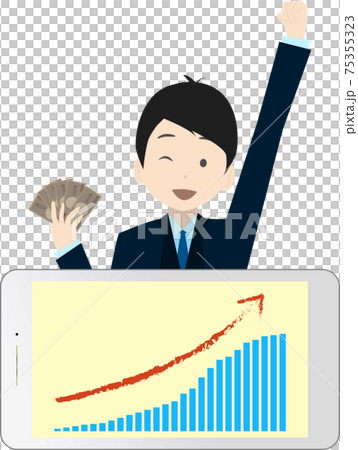 スマホと右肩上がりの棒グラフとビジネスマンのイラスト素材