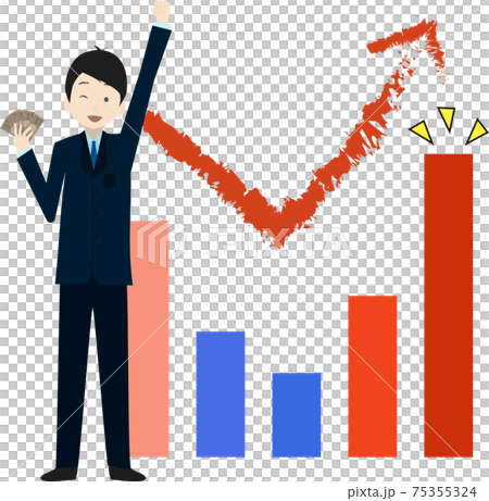 v字回復する棒グラフとお金を持つビジネスマン v字回復する棒グラフとお金を持つビジネスマン 75355324