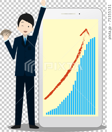 Bar graph rising to the right, smartphones and businessmen Bar graph rising to the right, smartphones and businessmen 75355331