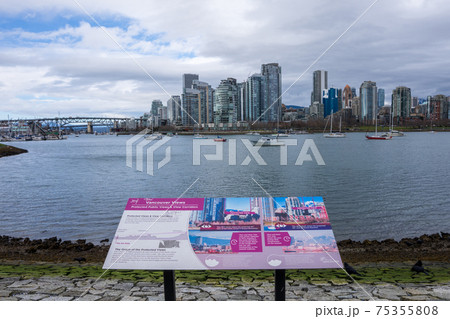 Vancouver marina, False Creek seen from Charleson Park. Vancouver buildings skyline in the background. Vancouver marina, False Creek seen from Charleson Park. Vancouver buildings skyline in the background. 75355808