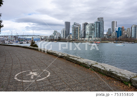 Vancouver marina, False Creek seen from Charleson Park. Vancouver buildings skyline in the background. Vancouver marina, False Creek seen from Charleson Park. Vancouver buildings skyline in the background. 75355810