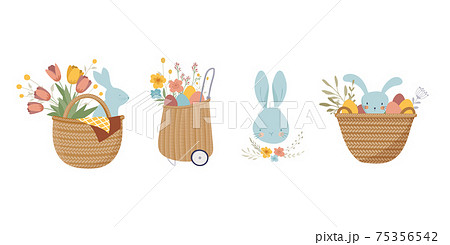 Happy Easter, vintage style Easter rattan baskets with eggs, flowers and bunnies. Retro Boho Easter 75356542