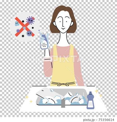 A woman who puts dishes on and disinfects 75356614