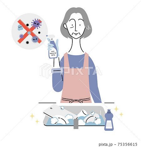 食器を付け置き消毒するシニア女性 食器を付け置き消毒するシニア女性 75356615