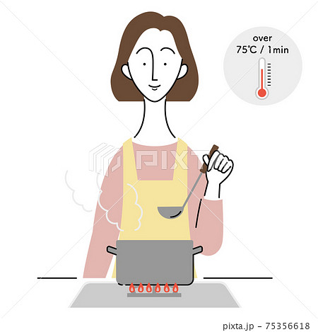 食中毒予防のために加熱調理をする女性のイラスト素材