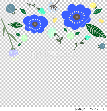 おしゃれな花のフレーム落書き風青のイラスト素材