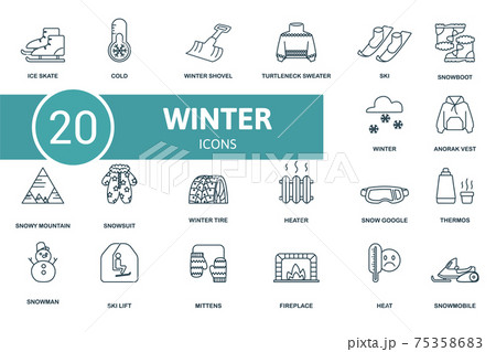 Winter icon set. Contains editable icons winter theme such as heater, winter shovel, snow boot and more. Winter icon set. Contains editable icons winter theme such as heater, winter shovel, snow boot and more. 75358683