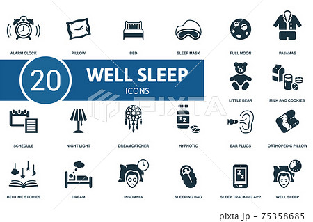 Well Sleep icon set. Contains editable icons well sleep theme such as pillow, sleep mask, pajamas and more. 75358685