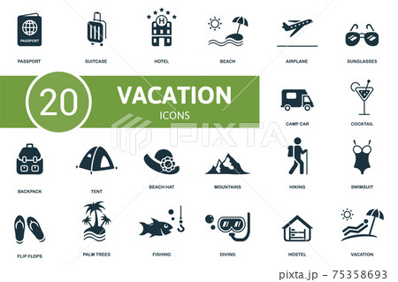 Vacation icon set. Contains editable icons vacation theme such as suitcase, beach, sunglasses and more. 75358693