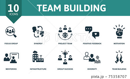 Team Building icon set. Contains editable icons team building theme such as synergy, positive feedback, mentoring and more. Team Building icon set. Contains editable icons team building theme such as synergy, positive feedback, mentoring and more. 75358707