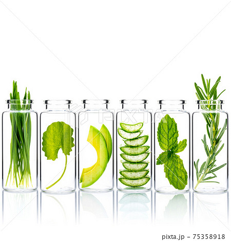 Homemade skin care with natural ingredients wheat grass ,avocado ,aloe vera ,mint leave ,centella asiatica and rosemary in glass bottles isolate on white background. Homemade skin care with natural ingredients wheat grass ,avocado ,aloe vera ,mint leave ,centella asiatica and rosemary in glass bottles isolate on white background. 75358918