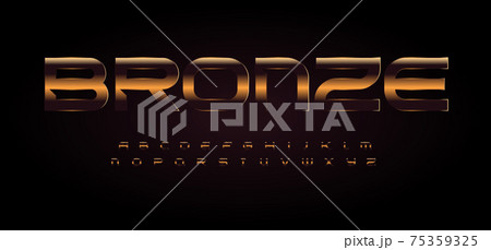 Bold wide font with dark bronze texture on black background. Golden alphabet for title and headline. Vector typography design with glossy metal surface Bold wide font with dark bronze texture on black background. Golden alphabet for title and headline. Vector typography design with glossy metal surface 75359325