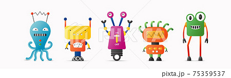 Set of cute vector robot characters for kids. 4 funny vintage style robotics 75359537