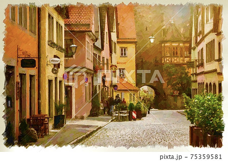 ドイツ ローテンブルクの美しい街並みのイラスト素材