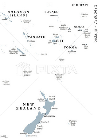 New Zealand and southern Polynesia, gray political map with capitals. Solomon Islands, Vanuatu, Fiji, Tonga, Samoa and New Caledonia. Islands in the South Pacific Ocean. English. Illustration. Vector. 75360431