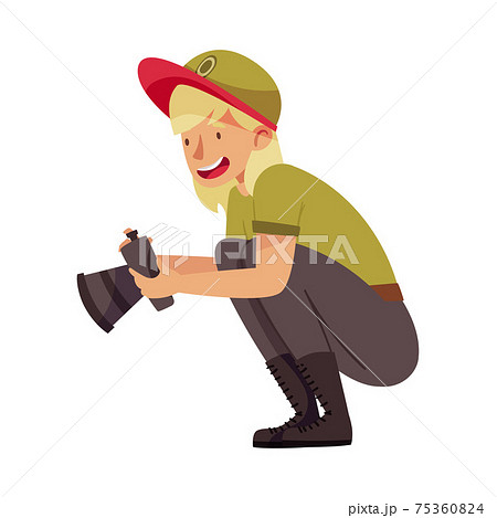 Woman as Park Ranger in Khaki Cap Taking Photograph of Nature in National Parkland Vector Illustration Woman as Park Ranger in Khaki Cap Taking Photograph of Nature in National Parkland Vector Illustration 75360824