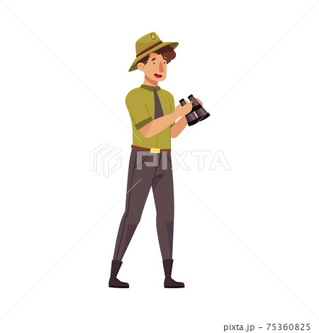 Male as Park Ranger in Khaki Hat and Shirt Watching in Binocular Protecting and Preserving National Parkland Vector Illustration Male as Park Ranger in Khaki Hat and Shirt Watching in Binocular Protecting and Preserving National Parkland Vector Illustration 75360825