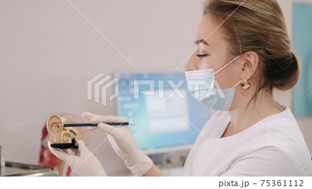 ENT doctor consults female young patient and show anatomic models ENT doctor consults female young patient and show anatomic models 75361112
