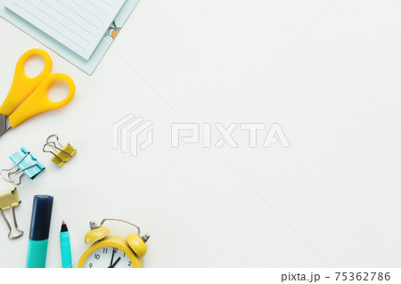 Paper clip, clock, pen, scissors on white background. Work and education concept 75362786