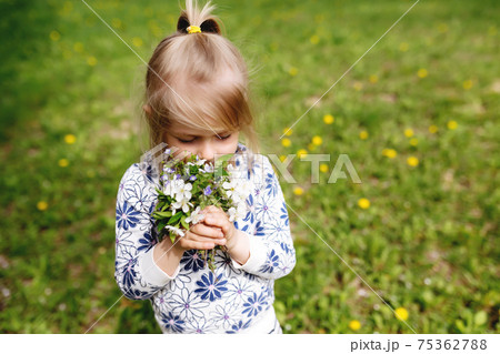 Little girl sniffing spring flowers on green lawn in the garden 75362788