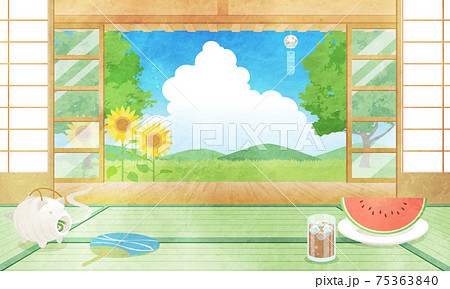 夏の縁側から見た風景の水彩風ベクターイラスト ひまわり、入道雲、青空、障子 夏の縁側から見た風景の水彩風ベクターイラスト ひまわり、入道雲、青空、障子 75363840