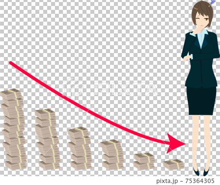 A downward-sloping graph made of wads and a business woman A downward-sloping graph made of wads and a business woman 75364305