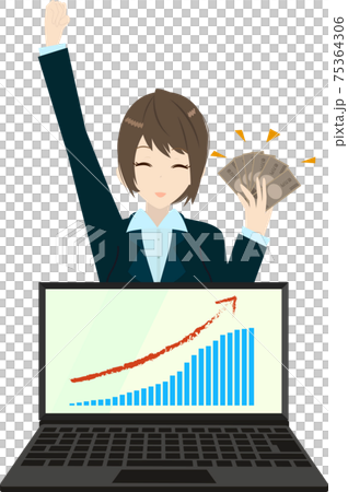 A graph of a business woman who got a lot of money and rising to the right 75364306