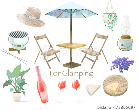 グランピングのオシャレなアウトドアグッズのイラストセットベクター素材 75365097