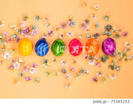 Colorful Easter eggs homemade painted top view flatlay on pastel orange peach background bright fresh design, Happy Easter, spring concept Colorful Easter eggs homemade painted top view flatlay on pastel orange peach background bright fresh design, Happy Easter, spring concept 75365255