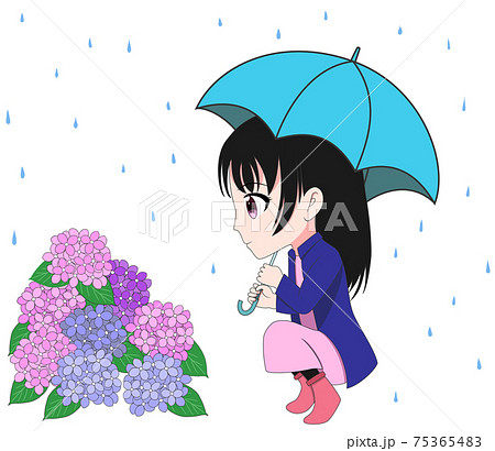 傘をさして紫陽花を眺めている女の子のイラスト素材