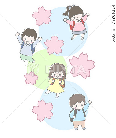 かわいい小学生4人と桜の花の春の入学進級手描き風縦イラストのイラスト素材