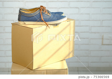new shoe on a card board box with copy space new shoe on a card board box with copy space 75366569