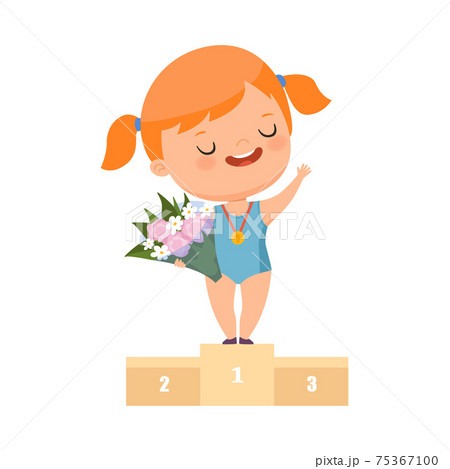 Smiling Redhead Girl Standing on Victory Stand with Hanging Gold Medal on Her Neck and Bunch of Flowers Vector Illustration Smiling Redhead Girl Standing on Victory Stand with Hanging Gold Medal on Her Neck and Bunch of Flowers Vector Illustration 75367100