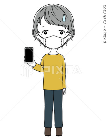 マスクをつけたスマホを持って画面を見せている困った表情のおばあちゃんのイラスト素材