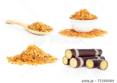 Set of sugarcane and brown sugar isolated on white background Set of sugarcane and brown sugar isolated on white background 75368084