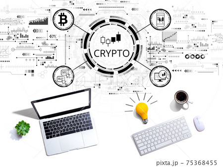 Crypto Trading theme with computers with a light bulb 75368455