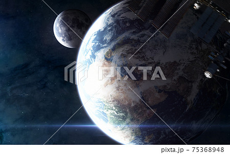 Earth and moon in blue light. Space station is blurred in motion. Solar system. 3D render 75368948