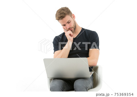 I should skip this. Man with laptop bored face watching  75369354