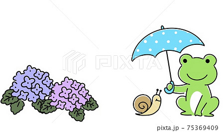 傘をさすカエルとカタツムリと紫陽花のイラスト素材