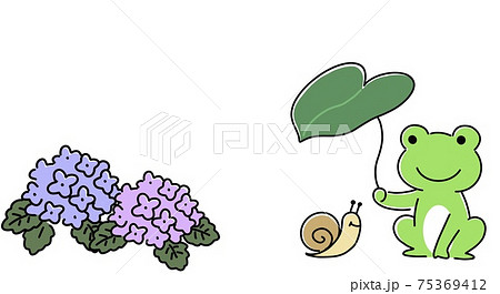 葉っぱの傘をさすカエルとカタツムリと紫陽花のイラスト素材