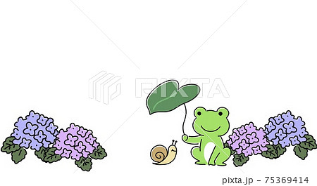 葉っぱの傘をさすカエルとカタツムリと紫陽花のイラスト素材
