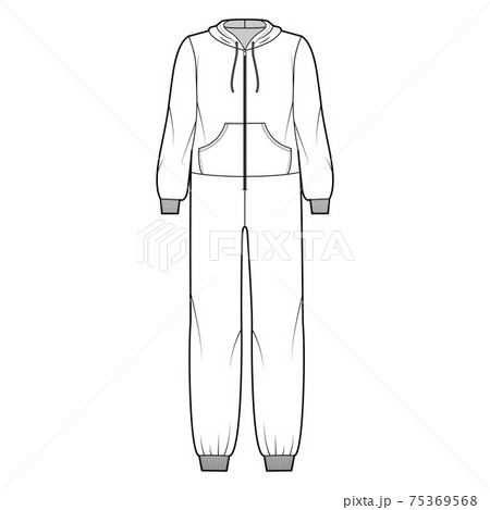 Onesie overall jumpsuit sleepwear technical fashion illustration with full length, hood, zipper closure, kangaroo pouch Onesie overall jumpsuit sleepwear technical fashion illustration with full length, hood, zipper closure, kangaroo pouch 75369568