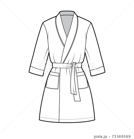 Bathrobe Dressing gown technical fashion illustration with wrap opening, mini length, oversized, pocket, elbow sleeves Bathrobe Dressing gown technical fashion illustration with wrap opening, mini length, oversized, pocket, elbow sleeves 75369569