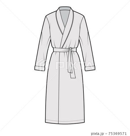 Bathrobe Dressing gown technical fashion illustration with wrap opening, knee length, oversized, tie, long sleeves Bathrobe Dressing gown technical fashion illustration with wrap opening, knee length, oversized, tie, long sleeves 75369571